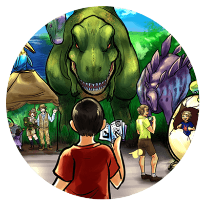 A little boy holding a map explores the Dino Fest, surrounded by popular dinosaurs such as the green Tyrannosaurus Rex and the purple Stegosaurus