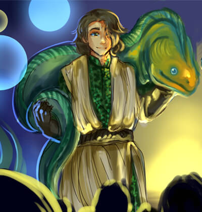 A boy in a long gown performs on stage holding a green marine creature