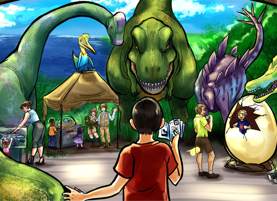 A little boy holding a map explores the Dino Fest, surrounded by popular dinosaurs such as the green Tyrannosaurus Rex and the purple Stegosaurus