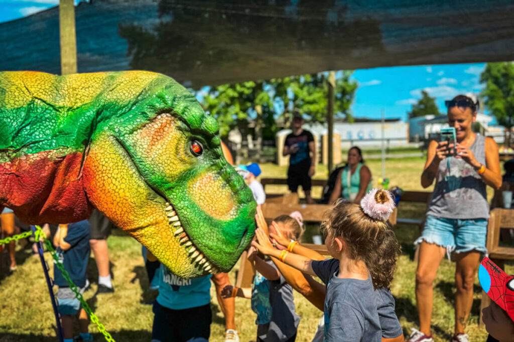 The little girl in gray clothes is interacting with the green Tyrannosaurus Rex