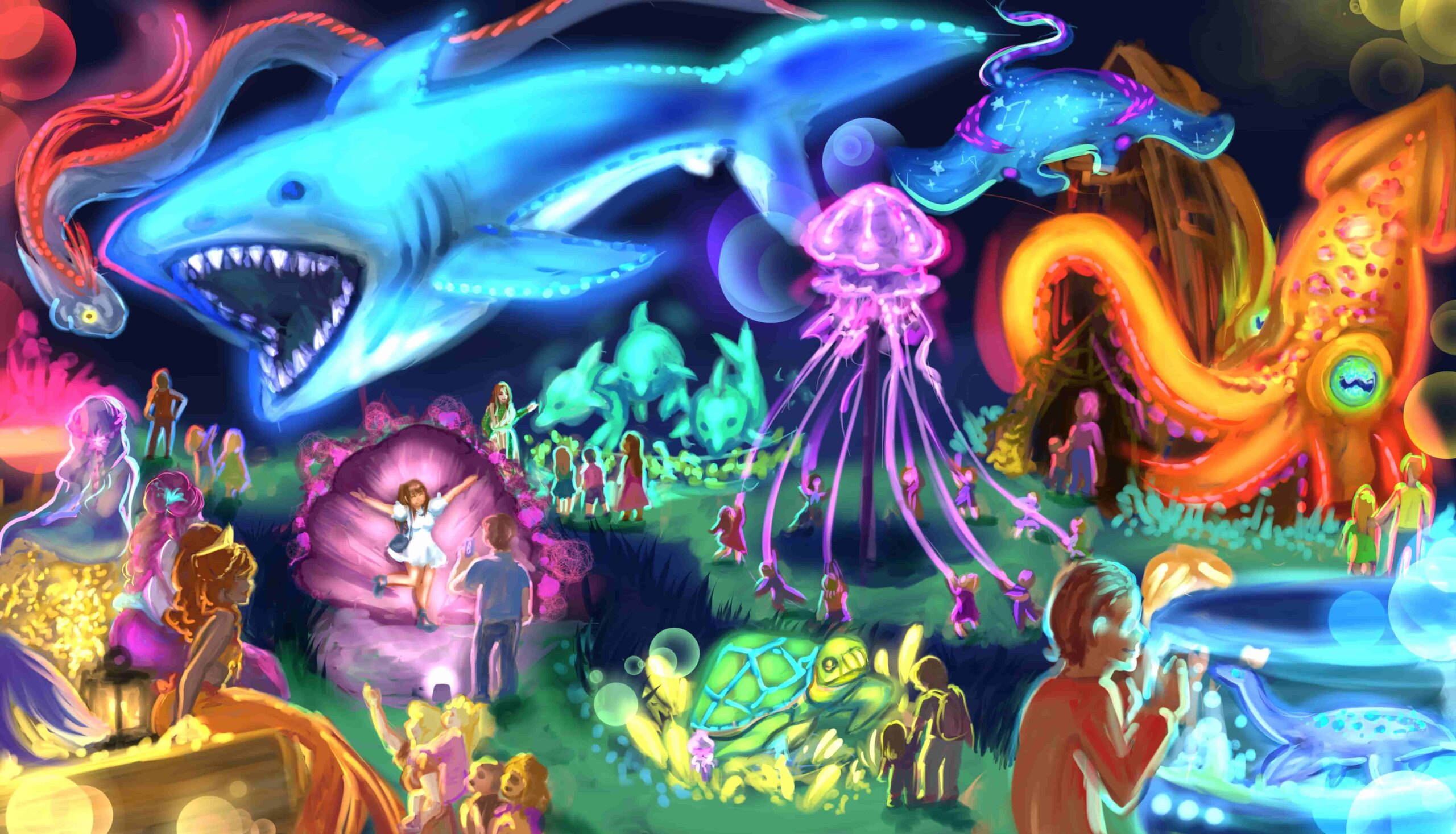 Hand-drawn illustration: People play in a park created by Worldcrafters, which features exhibits such as sharks, squids, and jellyfish.