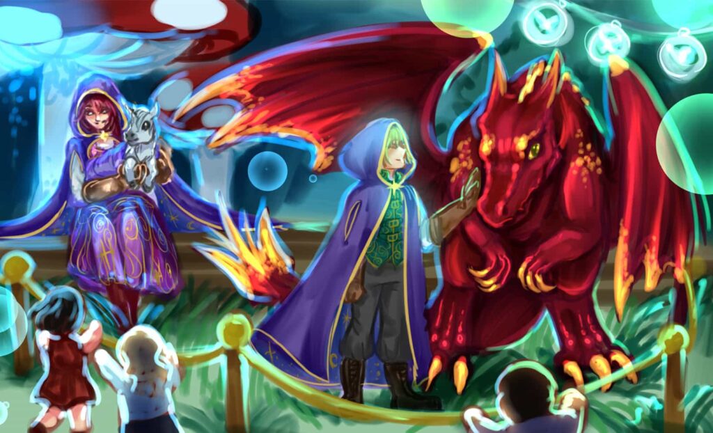 Hand-drawn image of a girl and boy in purple robes performing next to a red flying dragon, surrounded by spectators