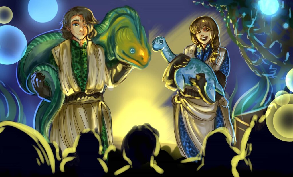 Hand-drawn picture: A boy and girl in long gowns are performing on stage while holding green and blue marine creatures respectively at Ocean Fest