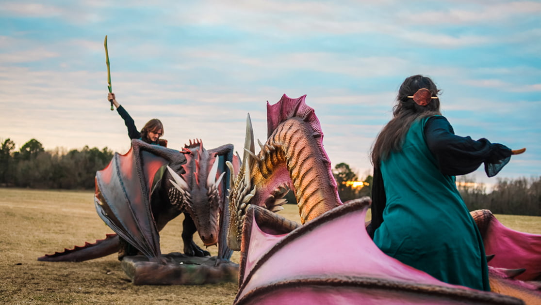 A man in armor riding a red dragon is fighting a woman in dark green robe riding a pink dragon